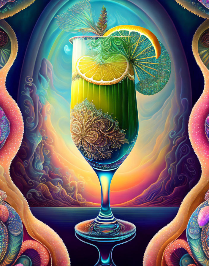 Colorful Surreal Illustration: Green Beverage in Glass with Lemon Slice