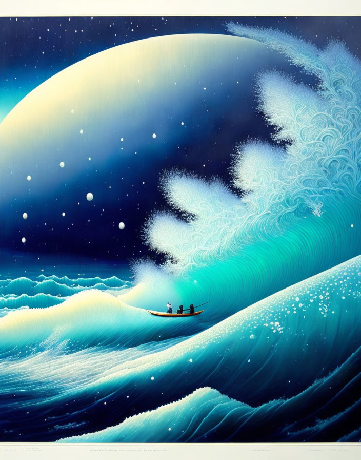 Stylized image of small boat on wavy ocean under starry sky