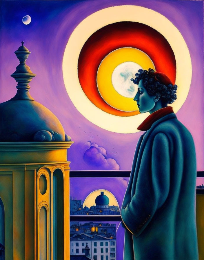 Stylized painting of person in profile with sunset and urban architecture