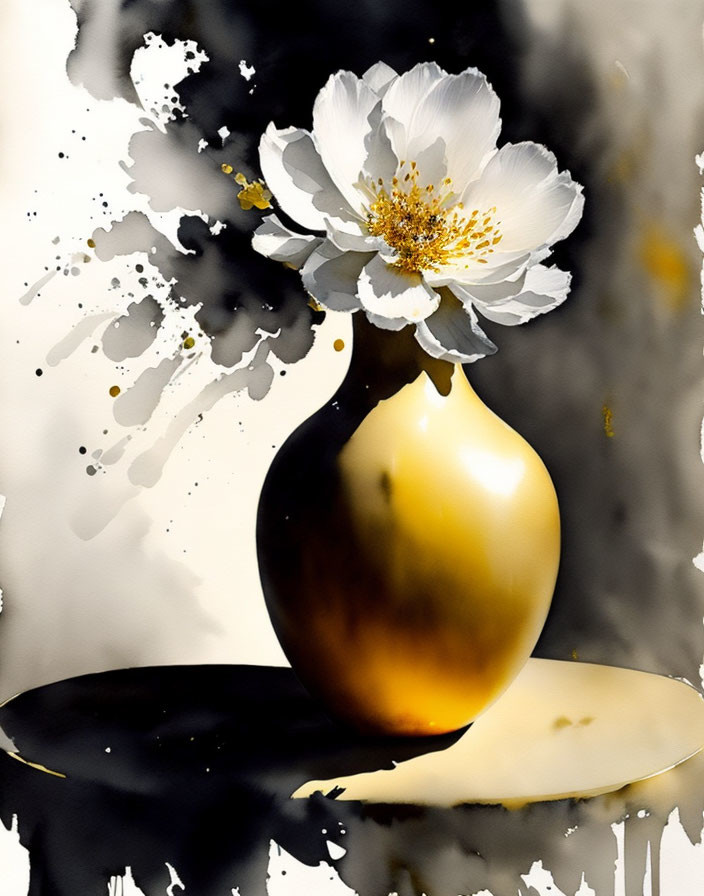 White Flower with Yellow Accents on Golden Vase Against Abstract Black and White Background