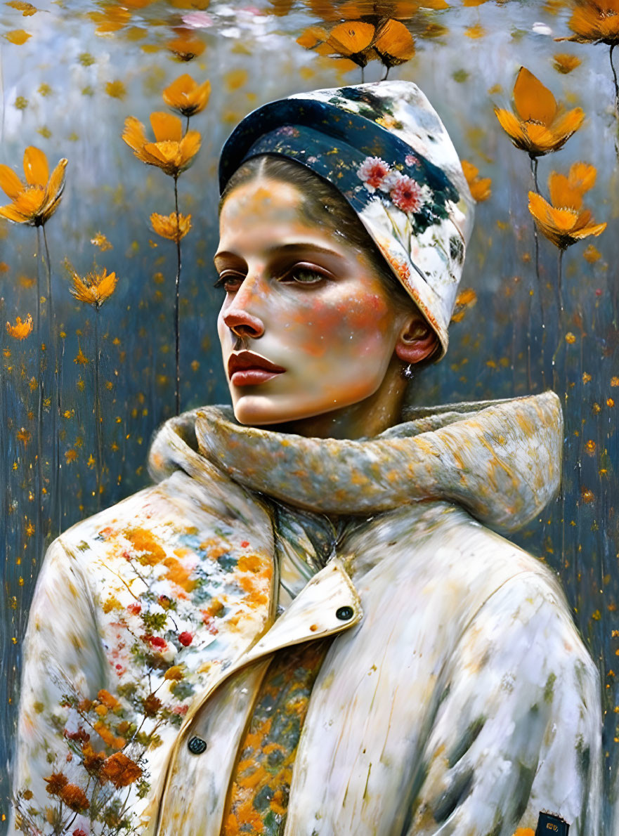 Woman in floral hat and scarf surrounded by golden leaves on blue background.