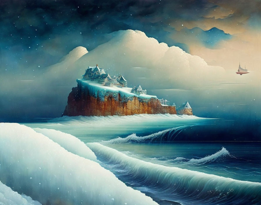 Fantasy seascape with floating icy castles, ship, and starry sky