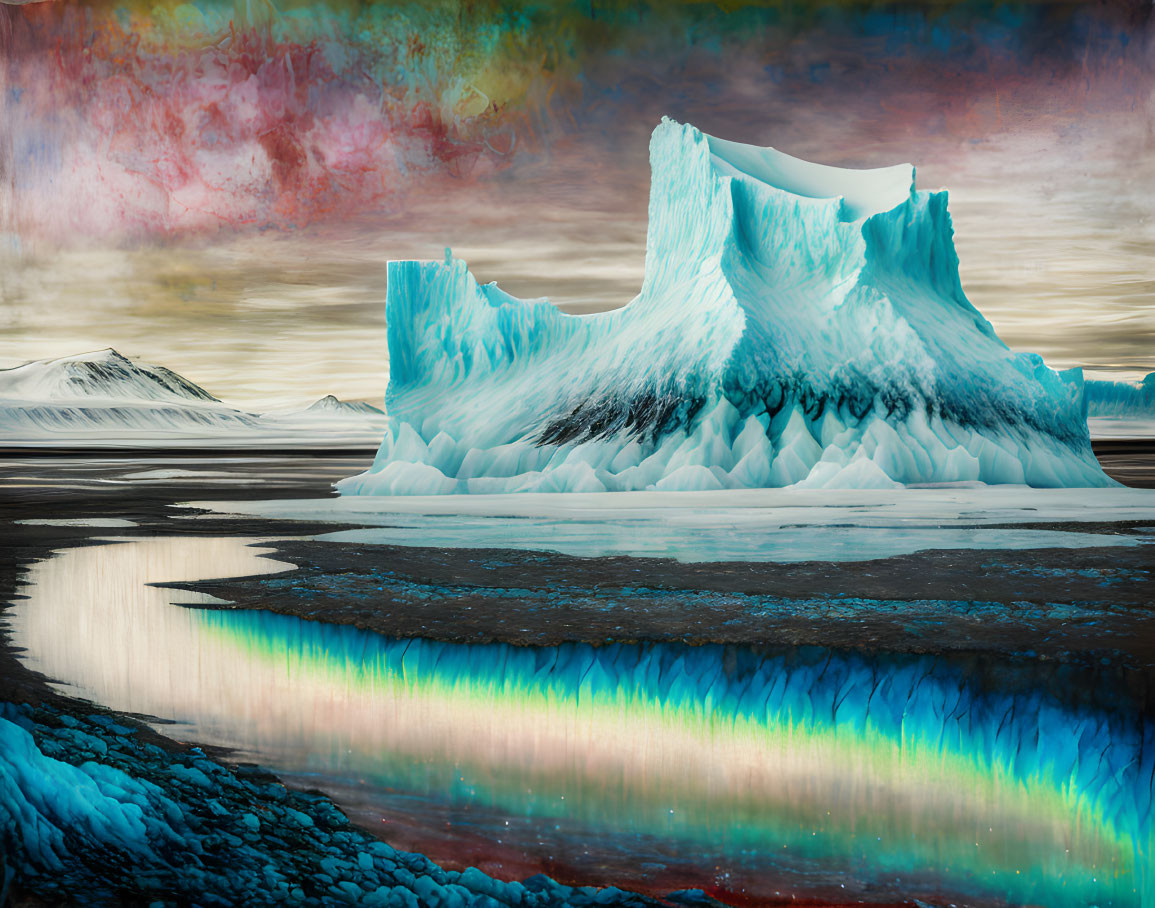 Vivid iceberg reflecting surreal palette under dramatic sky