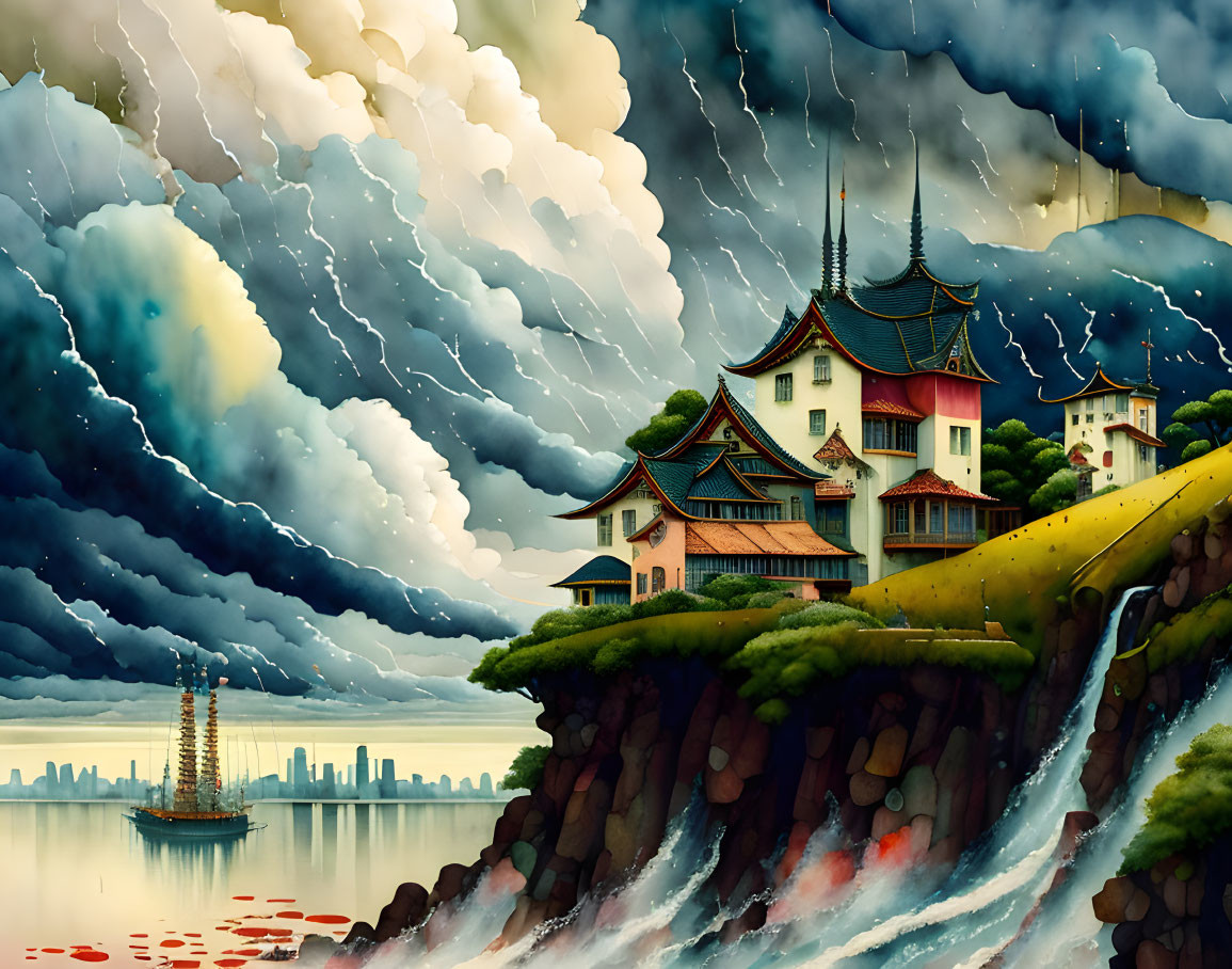 Asian-style palace on cliff with ship, city skyline, stormy sky