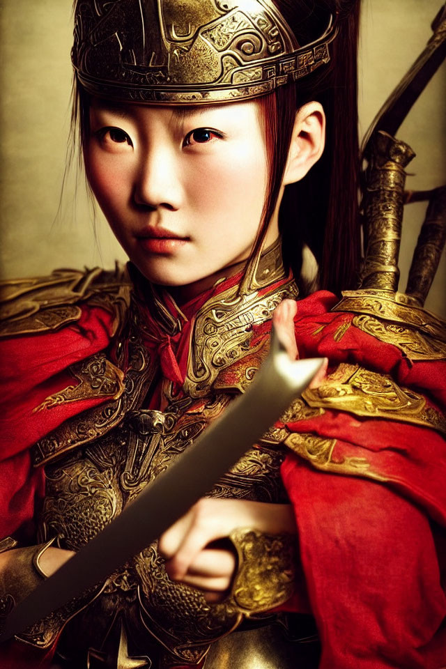 Woman in ornate ancient armor with sword and intense gaze in rich red and golden hues