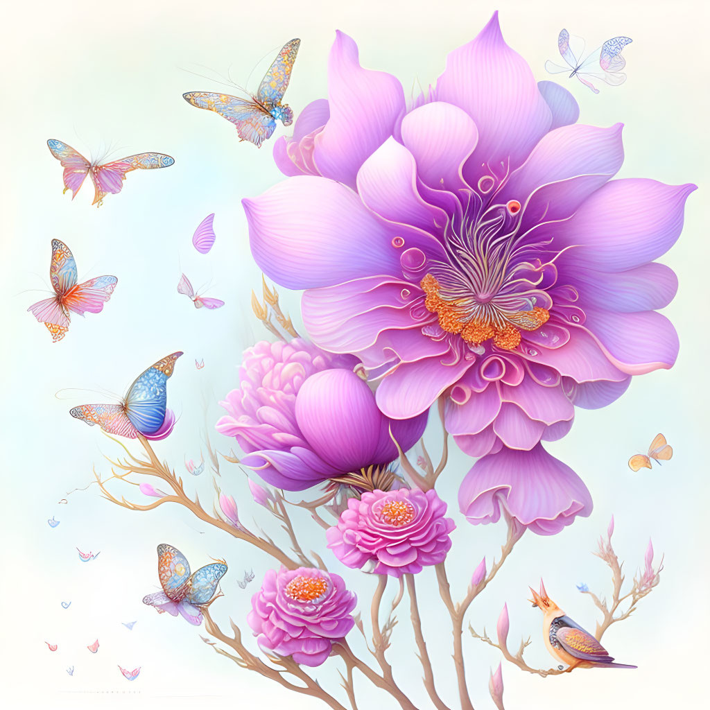 Colorful Blooming Flowers with Butterflies and Bird in Illustration