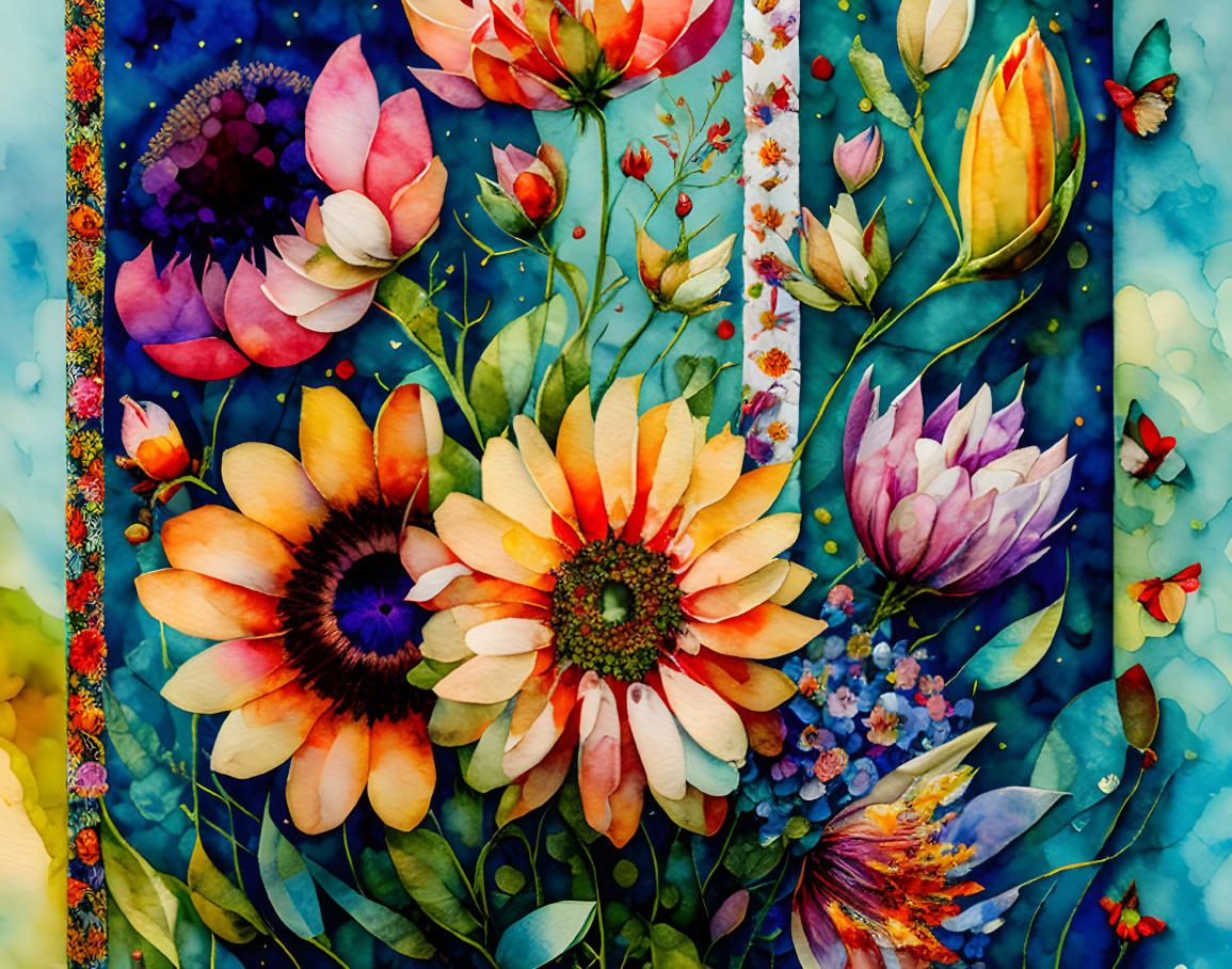 Colorful Flowers and Butterflies in Vibrant Watercolor