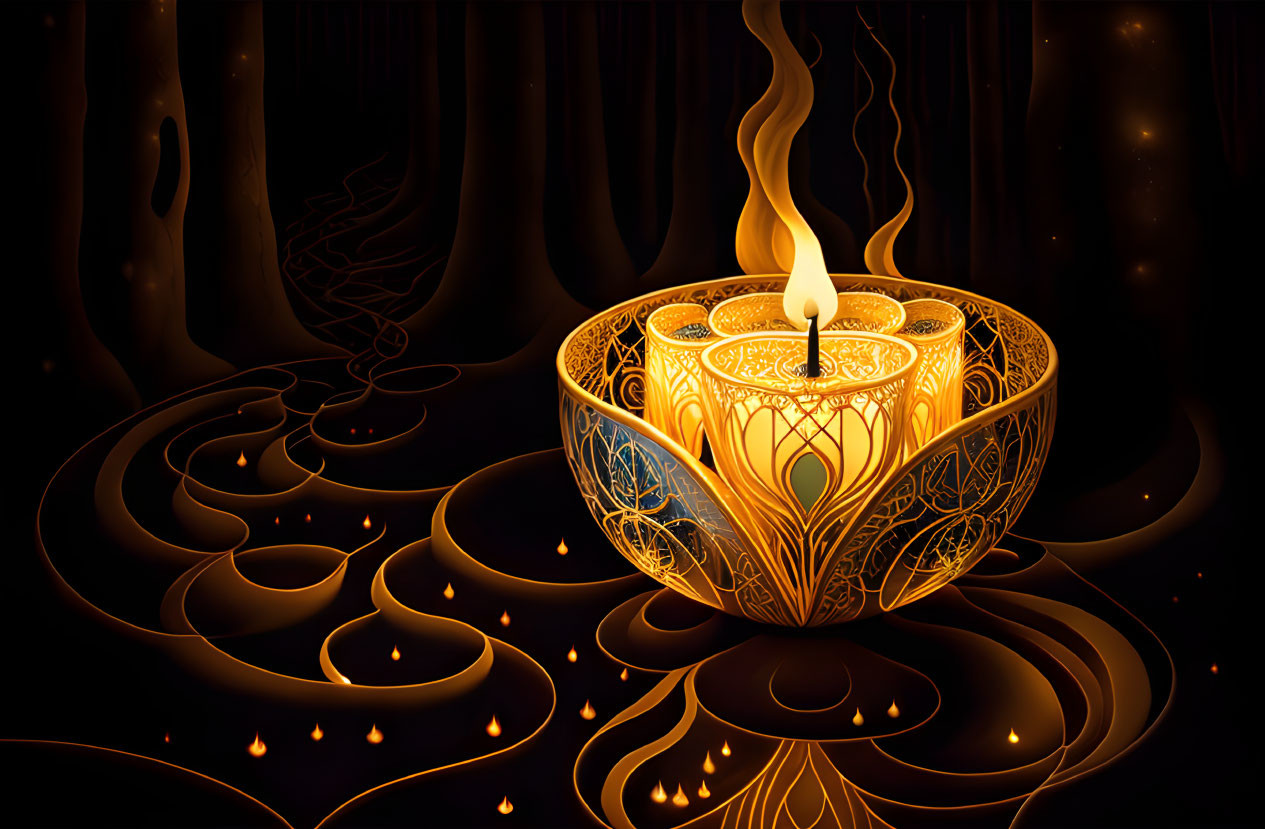 Golden diya with flickering flame and swirling patterns on dark background