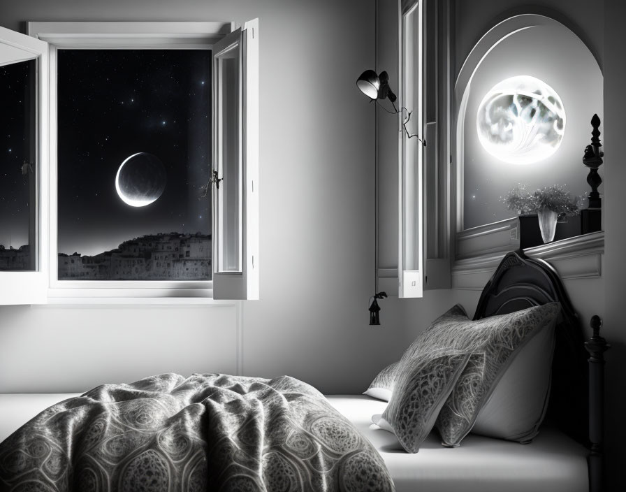 Nighttime monochrome bedroom with crescent moon view, patterned bedding, pillows, and wall lamp