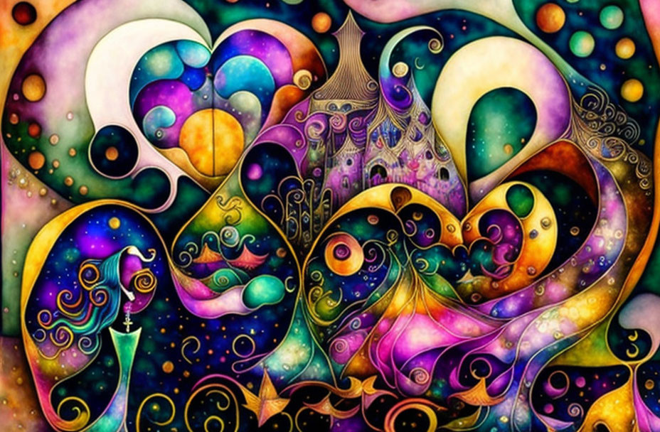 Colorful Abstract Painting with Swirling Patterns in Purple, Blue, Green, and Gold