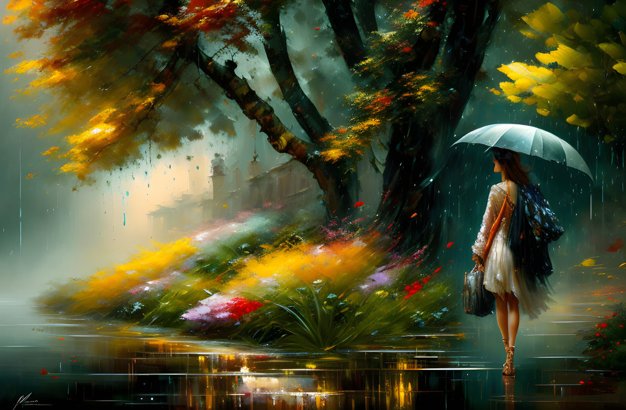 Person with umbrella in vibrant, rainy garden with colorful flowers and trees