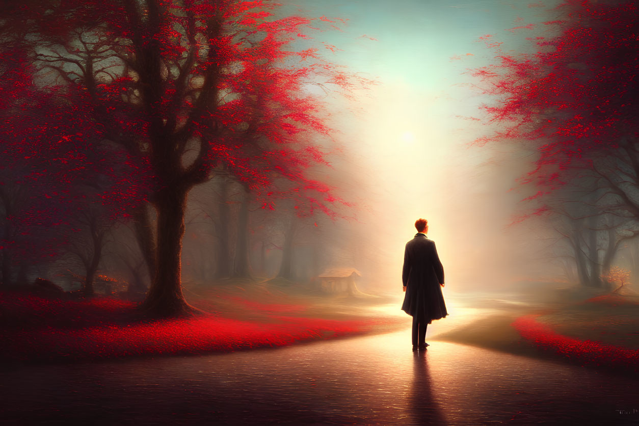 Person in coat on misty path with red trees and bright light