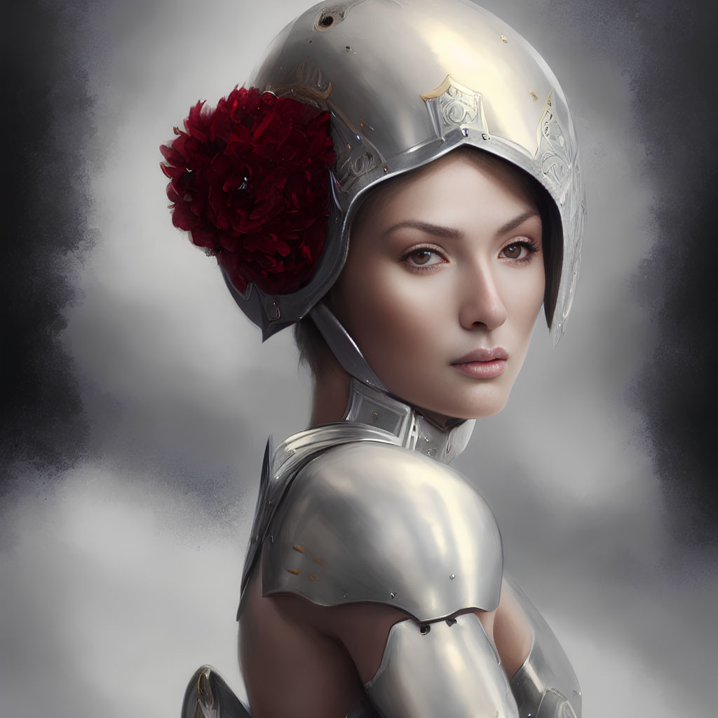 Digital artwork: Woman in silver knight's helmet with red flower on misty gray background
