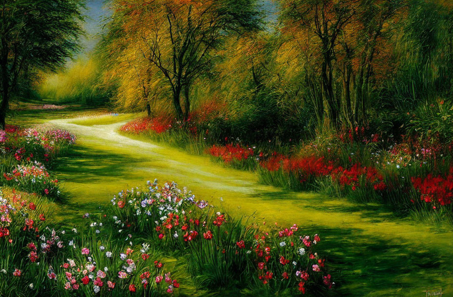 Colorful painting of winding garden path with red and white flowers