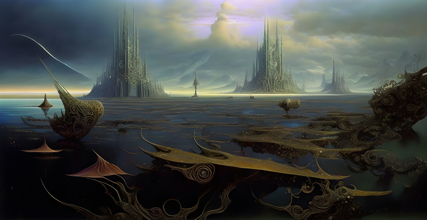 Fantastical dusk landscape with alien vegetation and towering spires