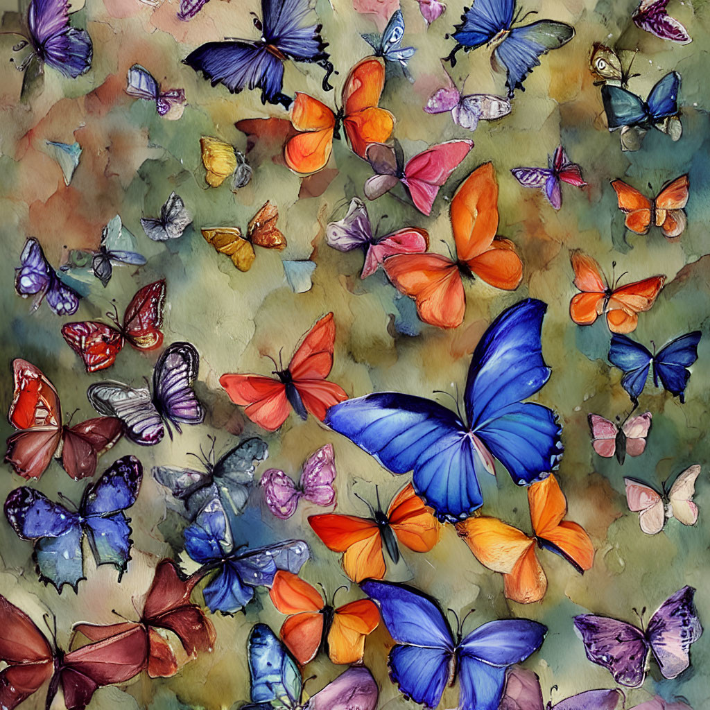 Colorful Watercolor Painting of Butterflies on Green and Yellow Background