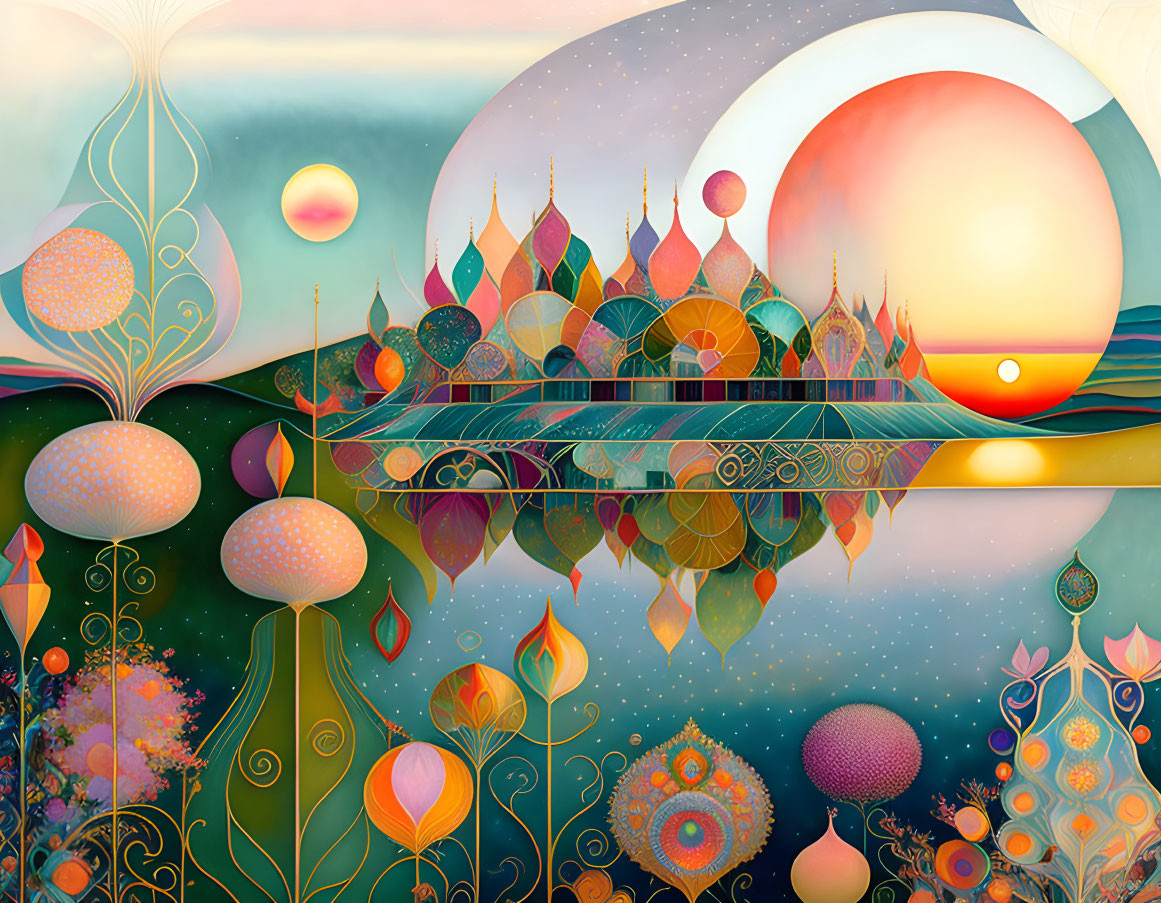 Colorful surreal landscape with sun, whimsical structures, and water reflections