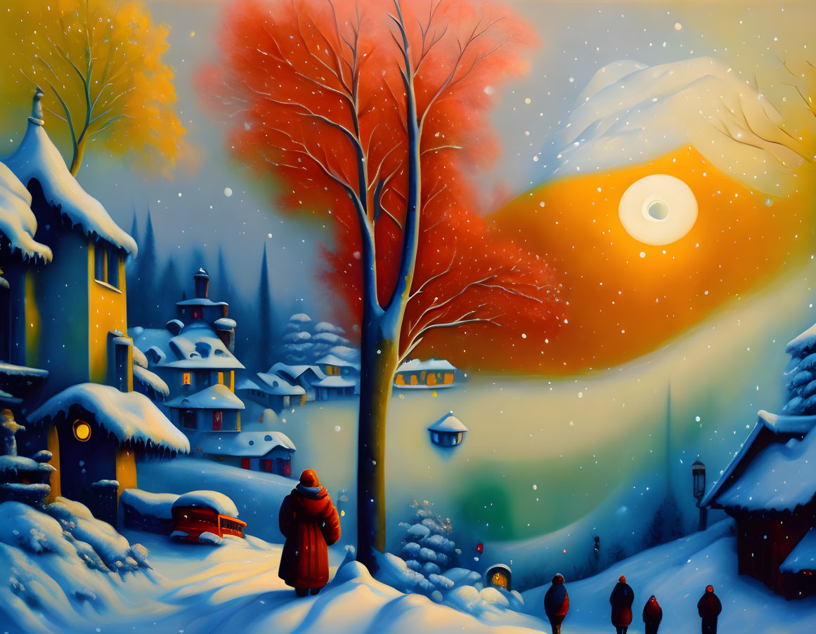 Winter dusk: orange sky, eye over snowy village, walking people, lone figure in red, snow