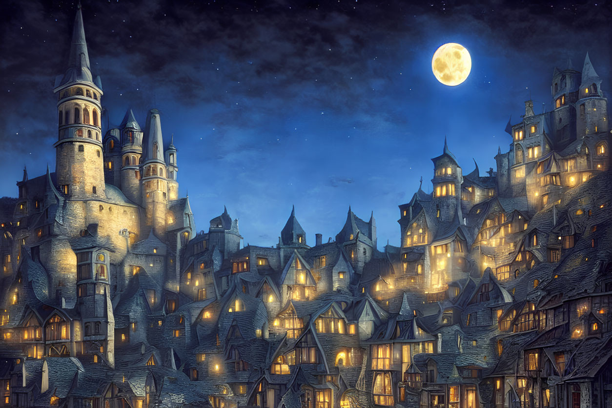 Medieval-style village night scene with starry sky and full moon