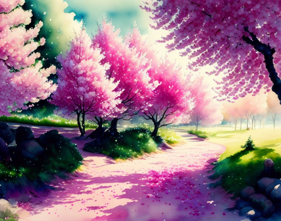 Colorful Cherry Blossom Path Illustration with Fallen Petals & Sunny Sky