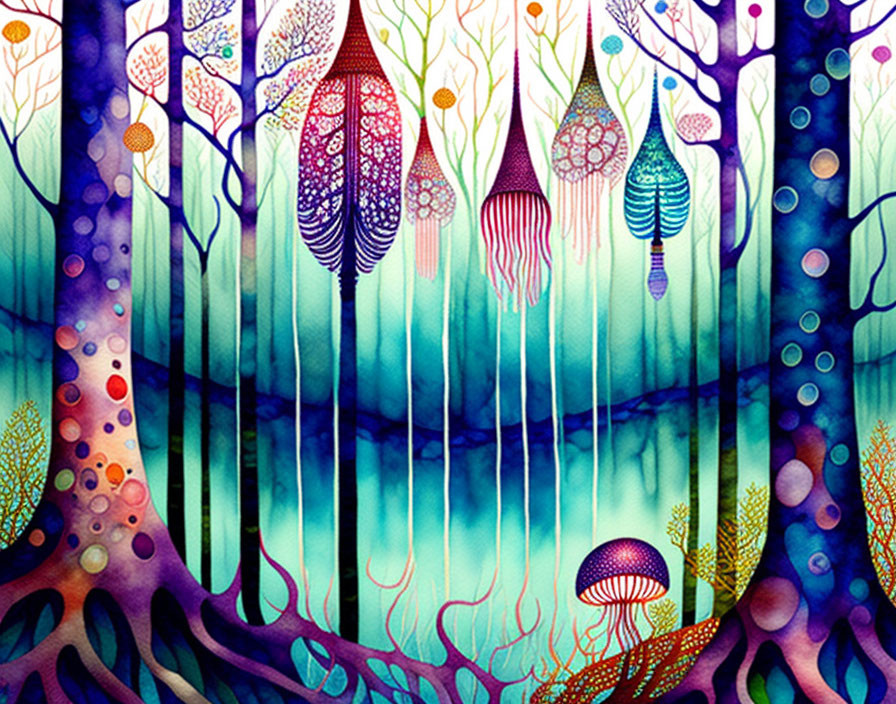 Colorful underwater forest with jellyfish-like creatures and stylized trees.