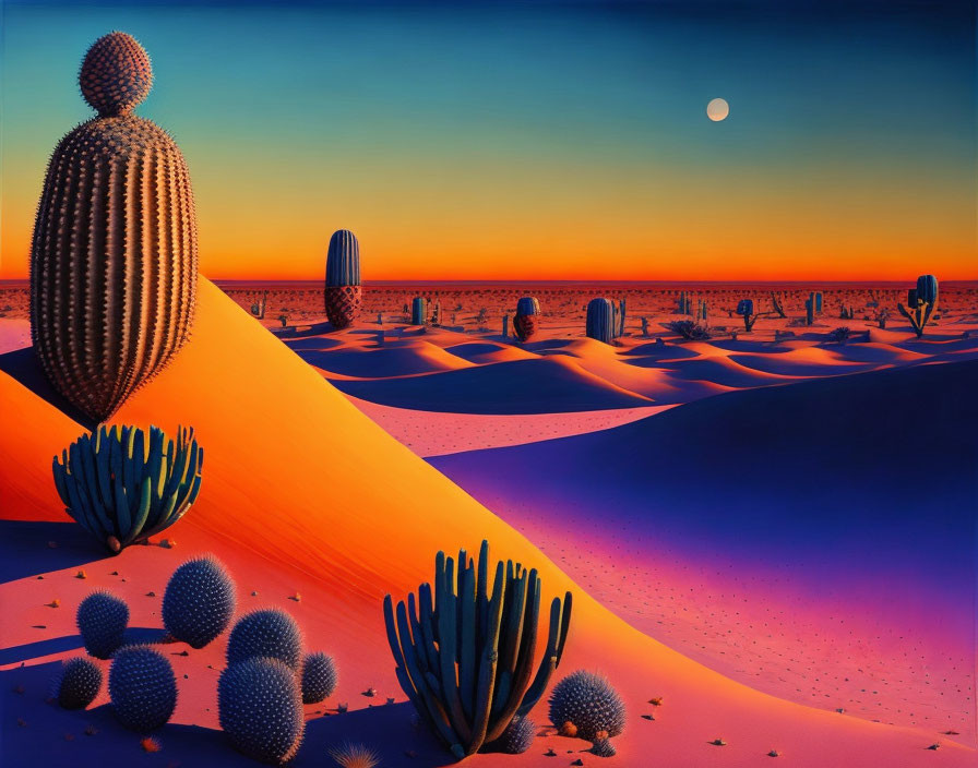 Surreal desert landscape with cacti and dunes under purple dusk sky