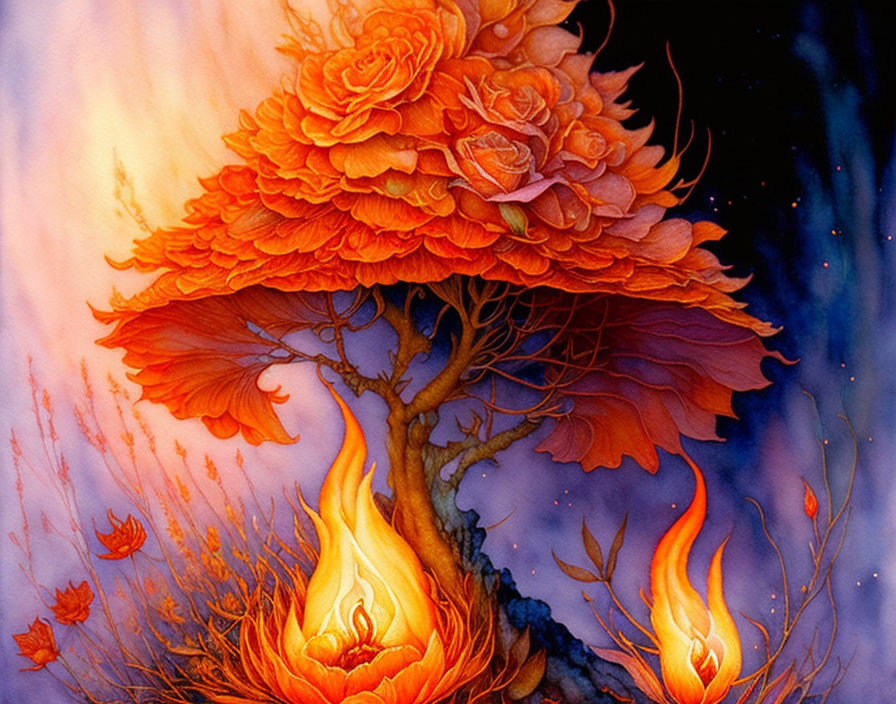 Fantastical tree with orange rose-like blossoms and fiery roots against starry twilight.