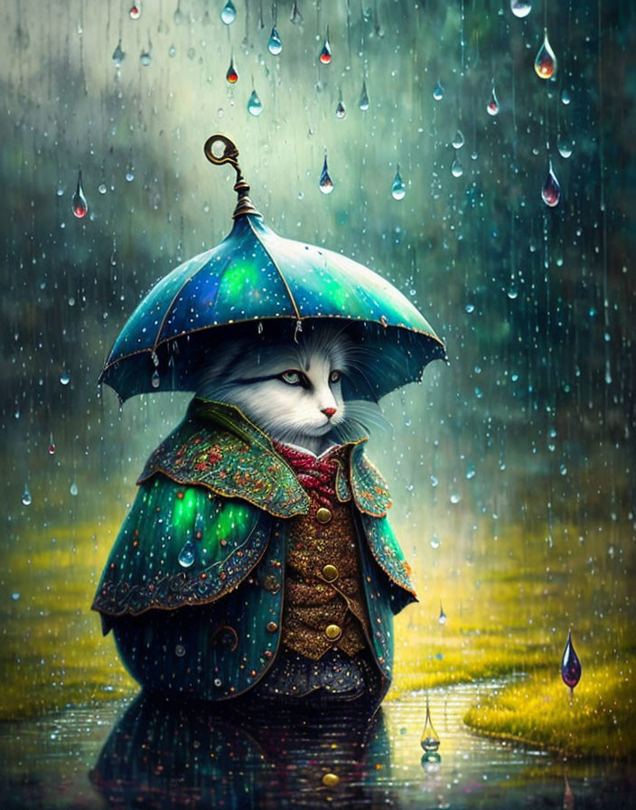 Colorful Vintage Jacket-wearing Anthropomorphic Cat in Rainy Scene