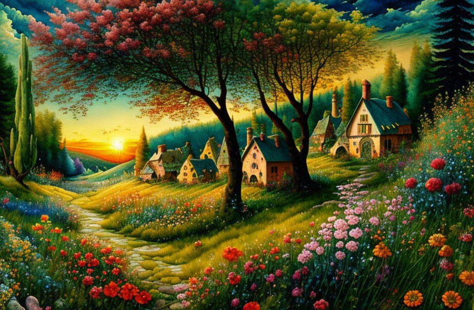 Colorful landscape painting: quaint houses, blooming trees, sunset, rolling hills