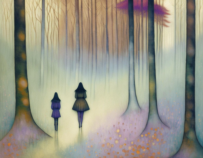 Whimsical forest scene with silhouetted figures