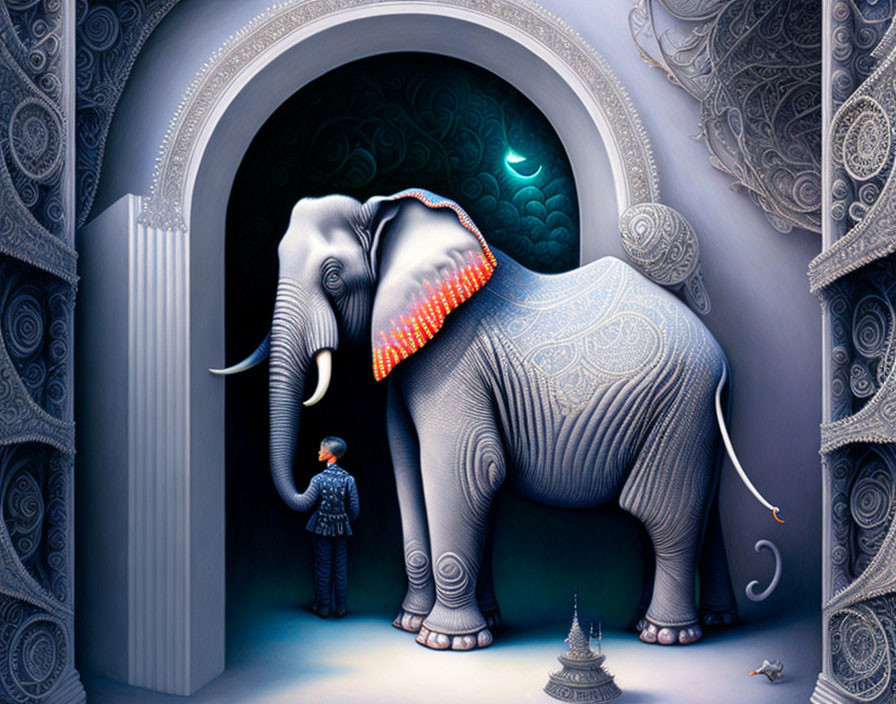 Traditional Attire Person with Ornate Elephant in Moonlit Archway