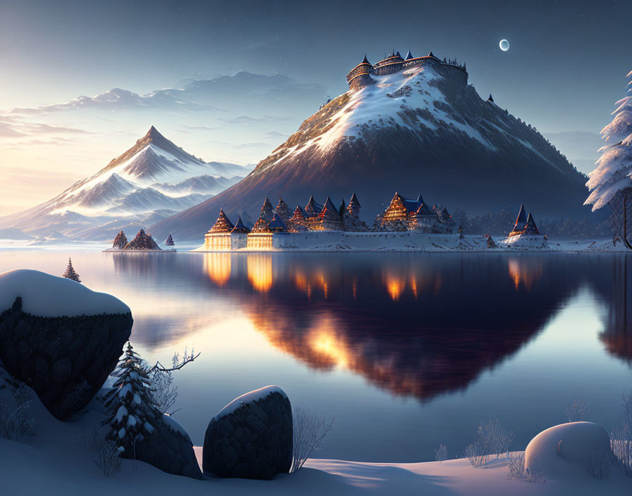 Winter village with illuminated houses by calm lake under crescent moon