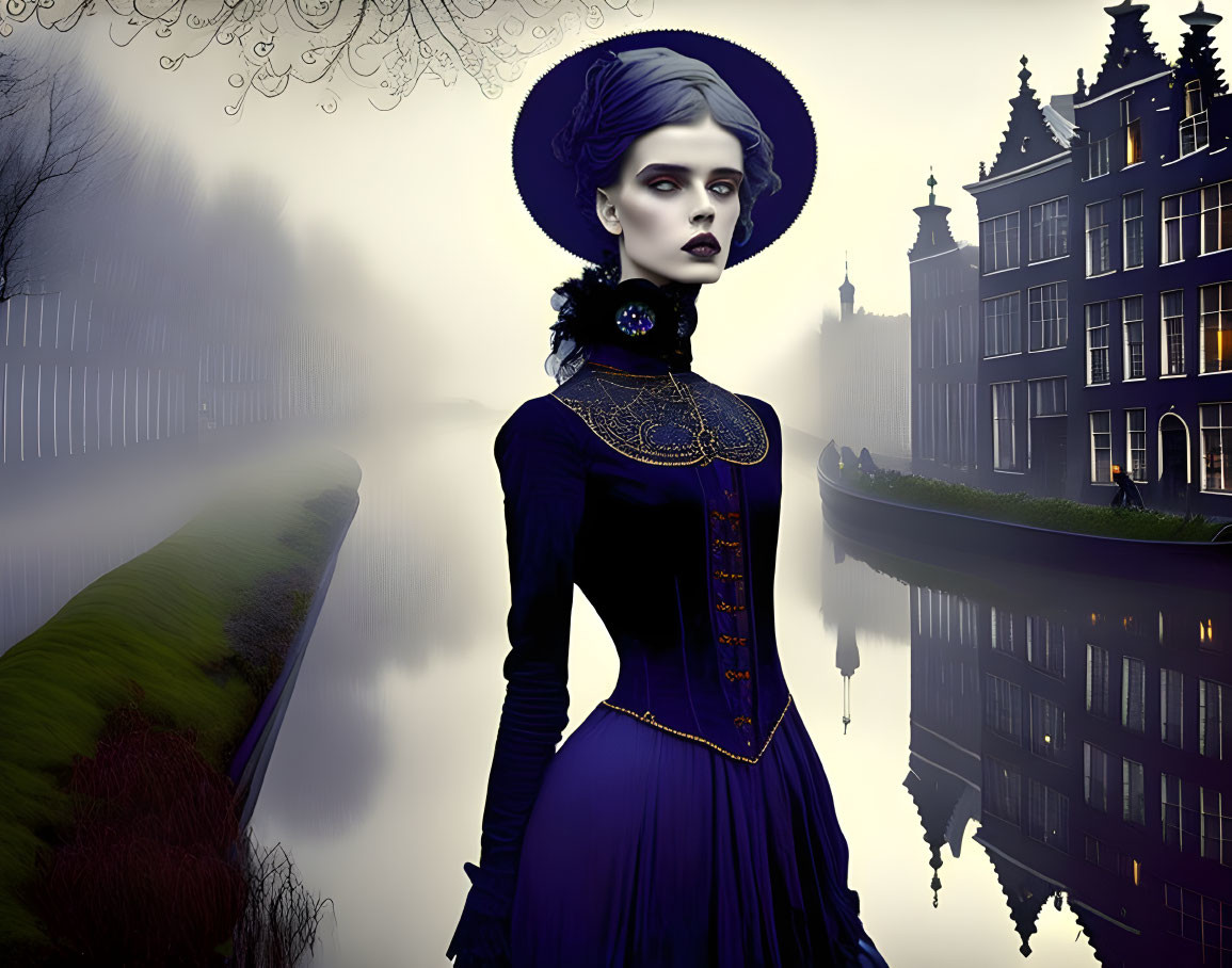 Gothic woman in vintage purple dress by misty European canal