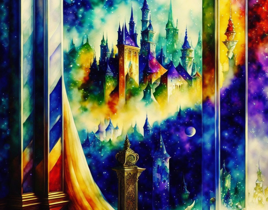 Fantasy castle illustration in colorful starry night setting