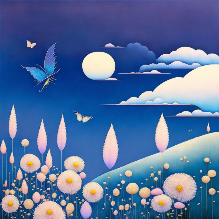 Surreal landscape with moon, clouds, flowers, and butterflies