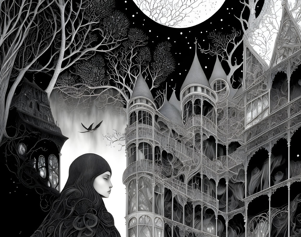 Monochrome illustration of woman at gothic mansion under starry sky