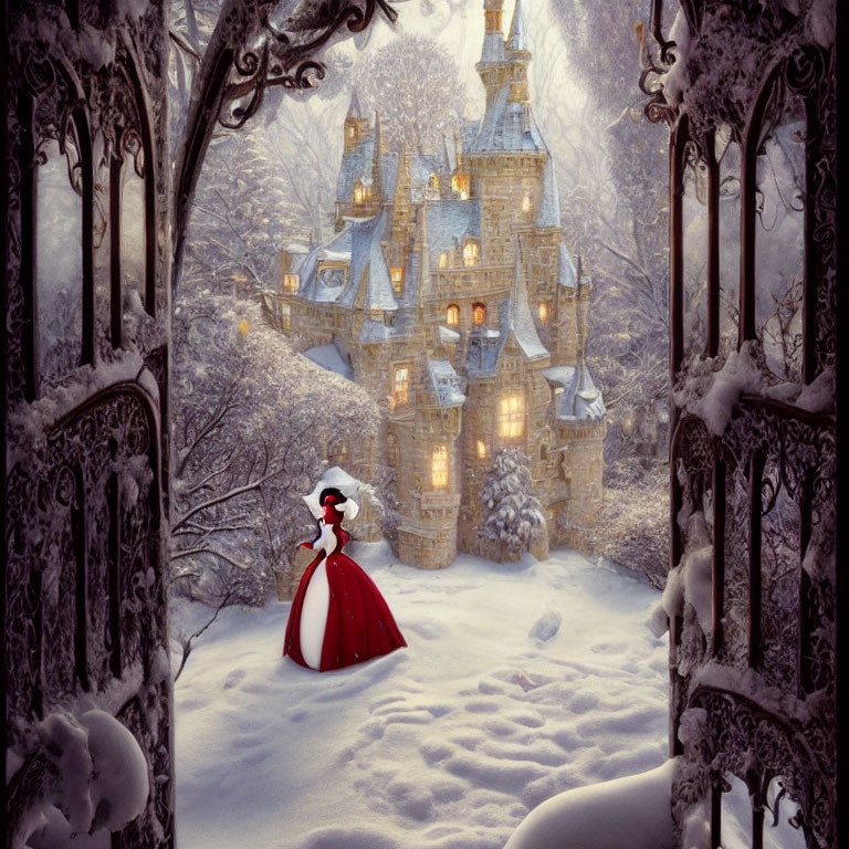 Person in red and white dress gazes at castle in snowy landscape