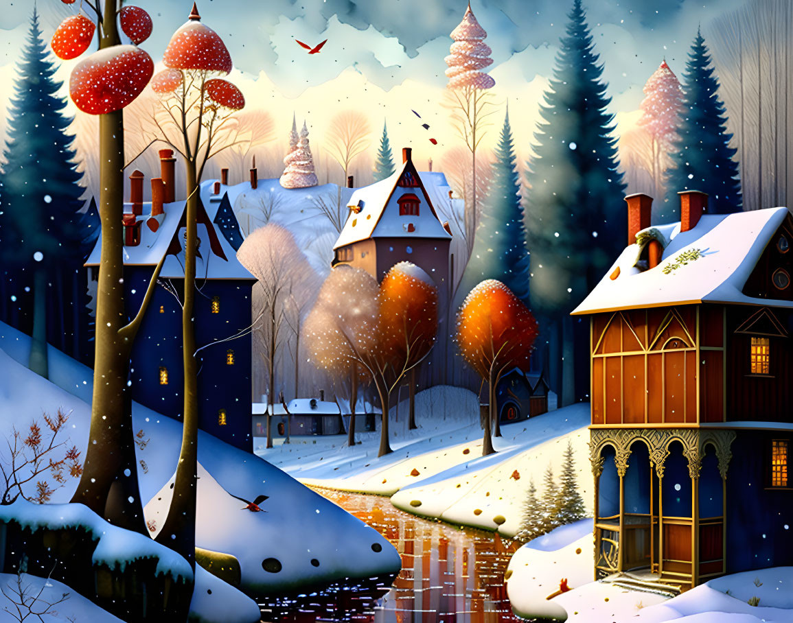 Colorful Winter Village Scene with Stylized Houses and Snow-Covered Trees