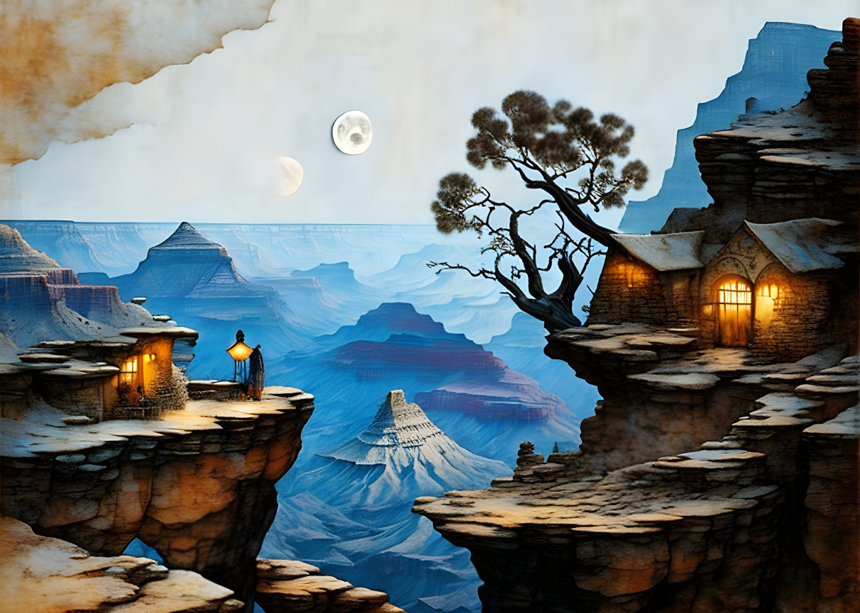 Fantasy landscape with cliffside houses, lone figure, lantern, twisted tree, mountains, twilight sky