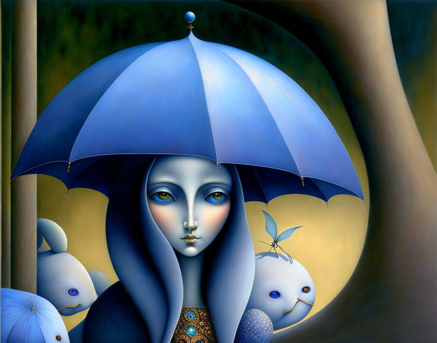 Surreal painting of pale blue-skinned figure with large eyes under blue umbrella, surrounded by blue