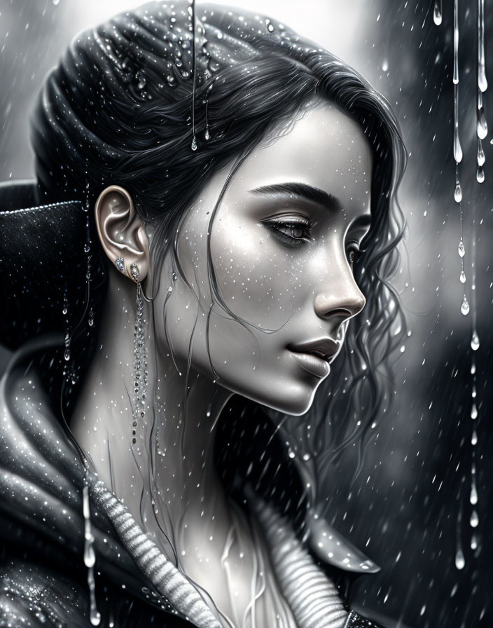 Realistic grayscale illustration of woman in rainstorm