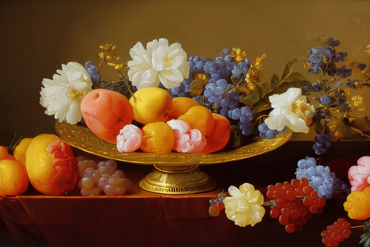 Classic still life painting of ripe fruits and flowers on golden platter