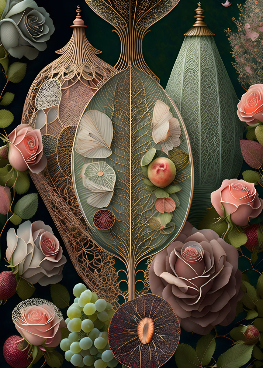 Detailed botanical illustration with ornate leaf and floral patterns on a dark backdrop