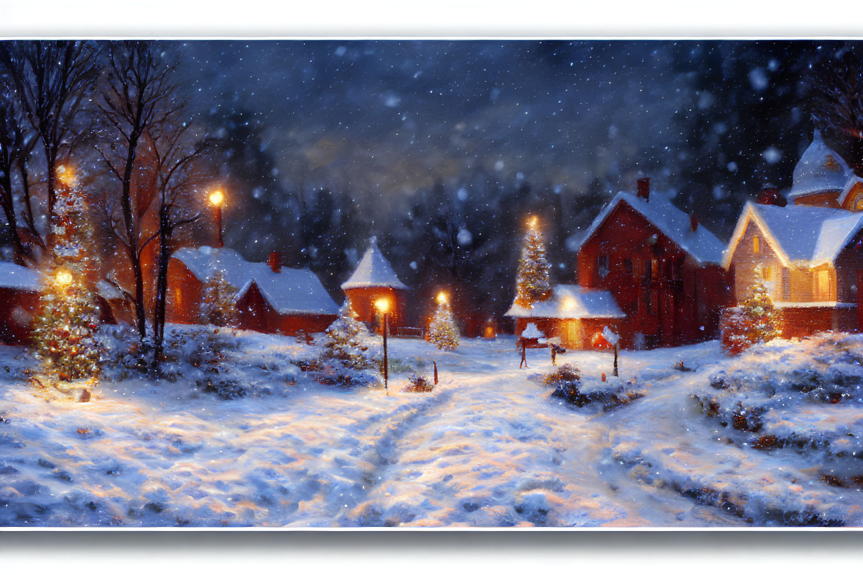 Snow-covered houses and glowing street lamps in a winter night scene