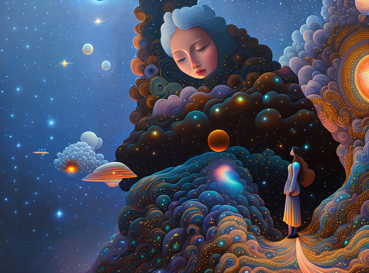 Surreal illustration: Woman gazes at cosmic female figure