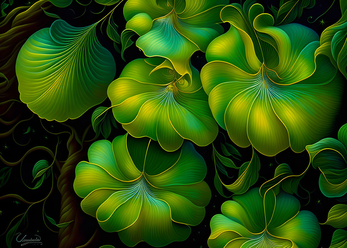 Abstract Green and Yellow Organic Shapes on Dark Background