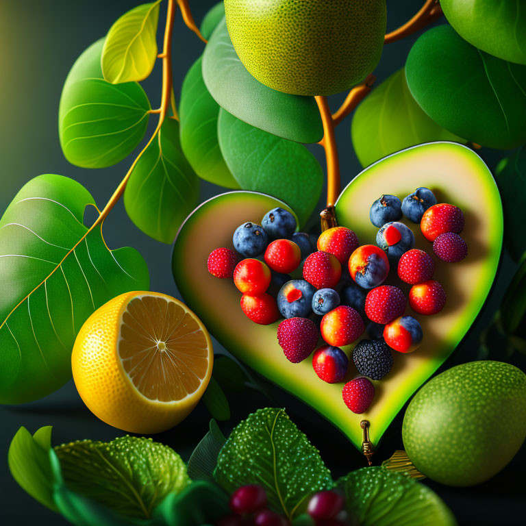 Colorful Fruit Composition with Heart-Shaped Avocado and Green Leaves