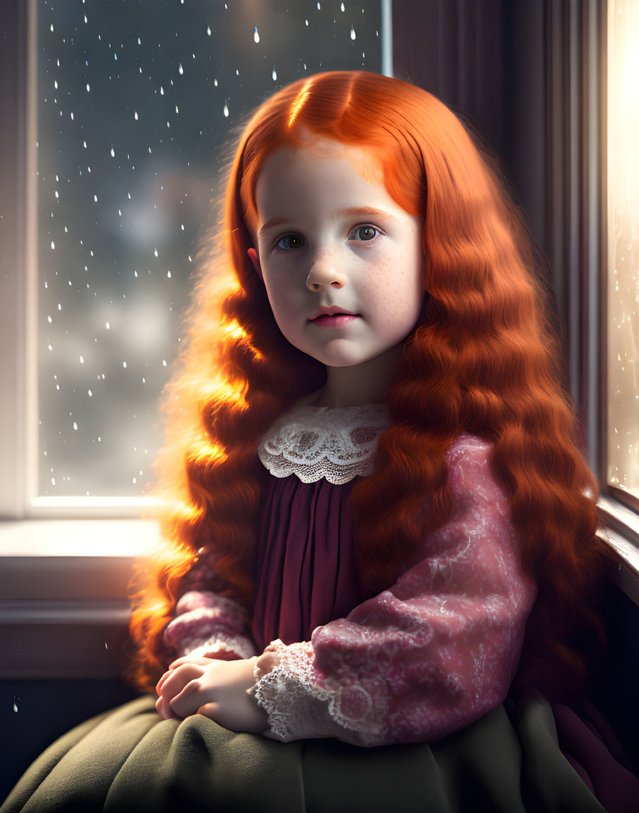 Red-haired girl in vintage dress gazes at falling snowflakes by window