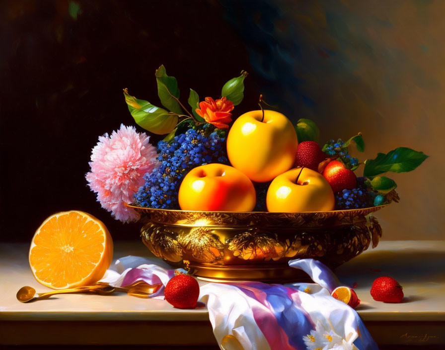 Golden bowl with fruit and flowers on table.