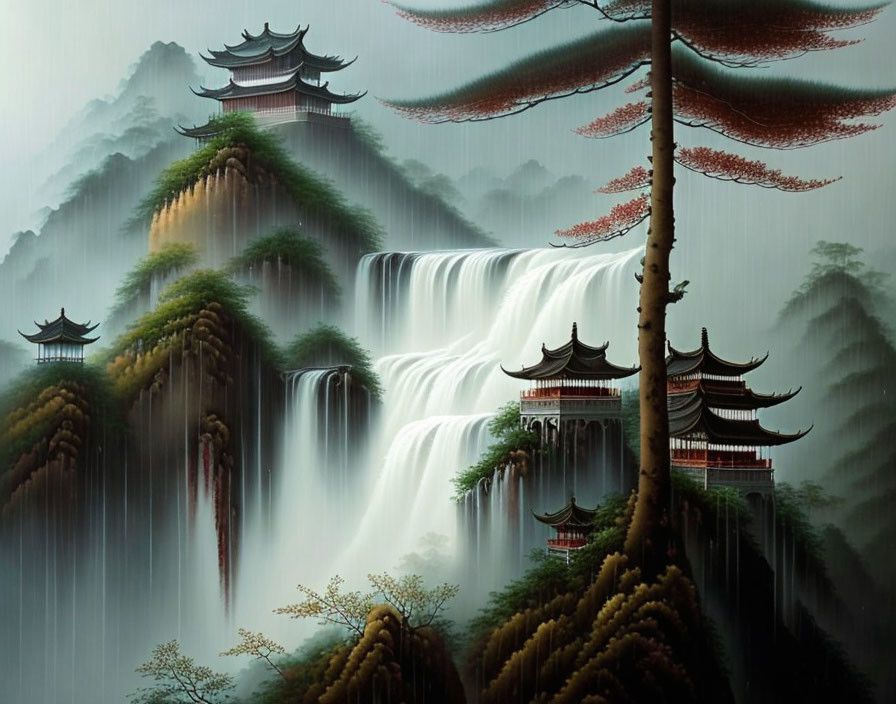 Tranquil painting of waterfall, misty mountains, and Asian pagodas